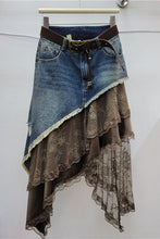 Load image into Gallery viewer, Satin+Lace Asymmetric Denim Skirt