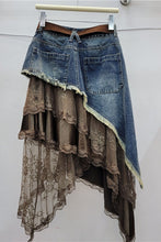 Load image into Gallery viewer, Satin+Lace Asymmetric Denim Skirt